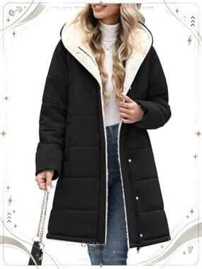 Women's Sherpa Lined Puffer Jacket Mid-Length Hooded Winter Coat